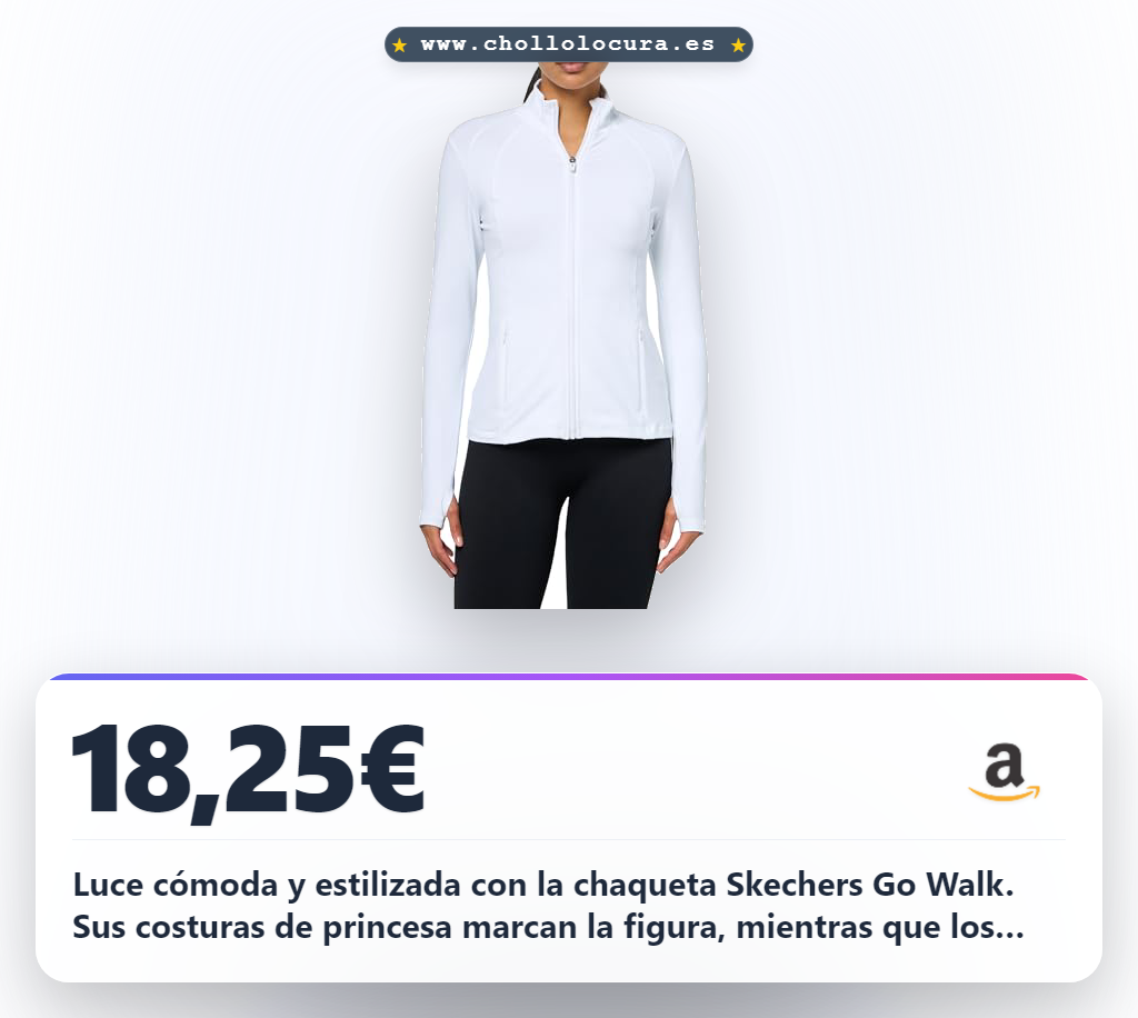 Aprovecha la Chaqueta deportiva Skechers Go Walk para mujer en blanco, al mejor precio, con costuras princesa y bolsillos con cremallera.