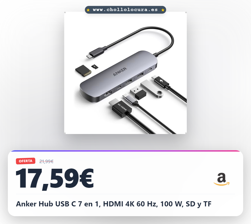 Anker Hub USB C 7 en 1, HDMI 4K 60 Hz, 100 W, SD y TF