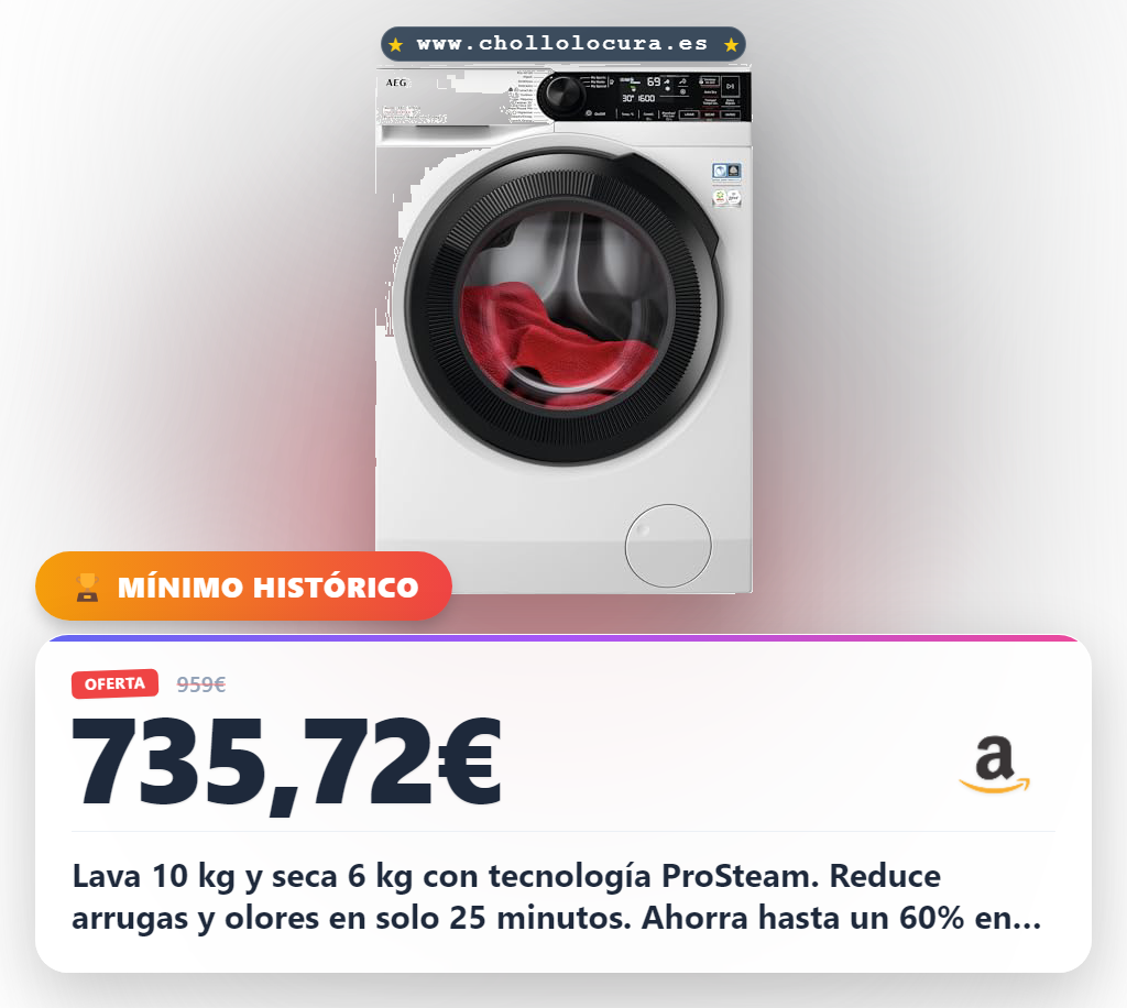 Aprovecha la lavasecadora 10kg y seca 6kg con ProSteam, ahorro de detergente y WiFi en oferta al mejor precio.