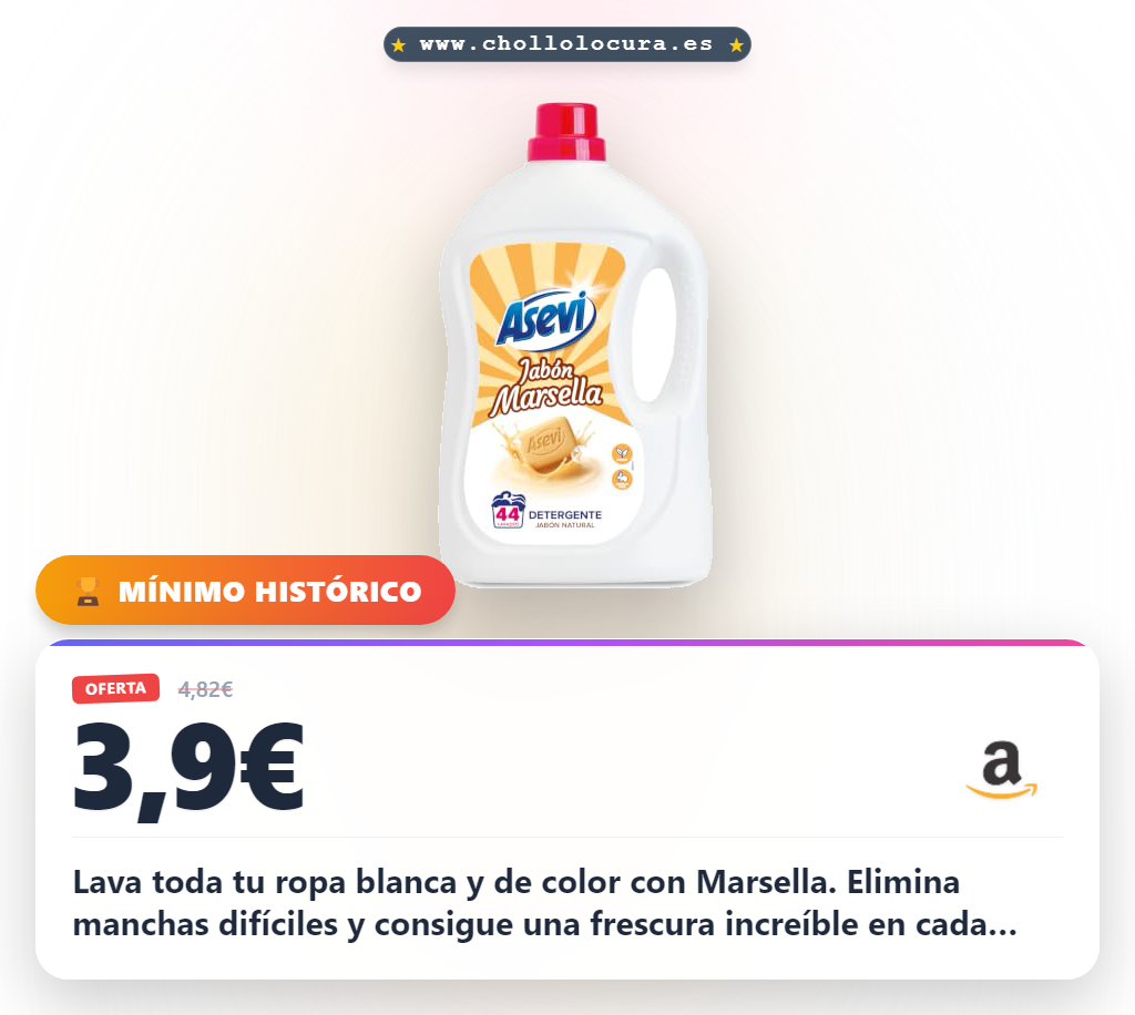 Consigue el detergente Asevi Marsella concentrado para 42 lavados y ropa blanca y color al mejor precio del año en oferta histórica.