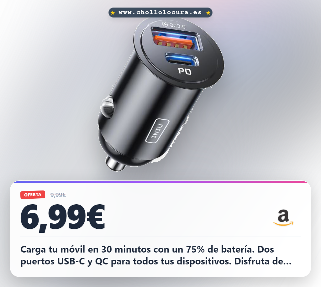 Aprovecha el cargador coche rápido 60W con doble puerto USB-C y QC para tus gadgets en oferta