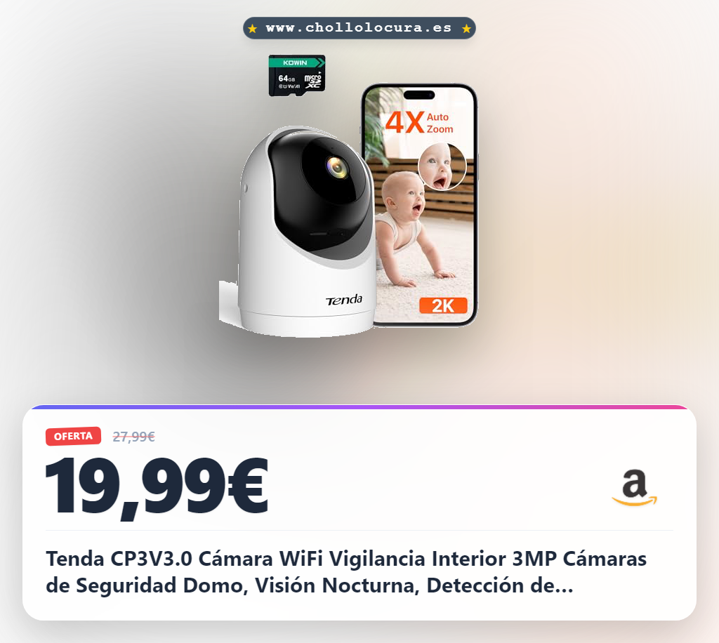 Tenda CP3V3.0 Cámara WiFi Vigilancia Interior 3MP Cámaras de Seguridad Domo, Visión Nocturna, Detección de Movimiento, Audio Bidireccional, Wi-Fi 6 Camara Vigilancia para Bebe, con 64GB SD Tarjeta