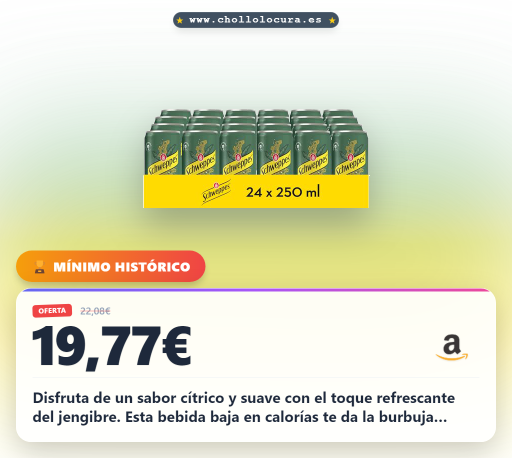 Aprovecha el Schweppes Ginger Ale refrescante con sabor a jengibre y bajo contenido calórico en oferta histórica
