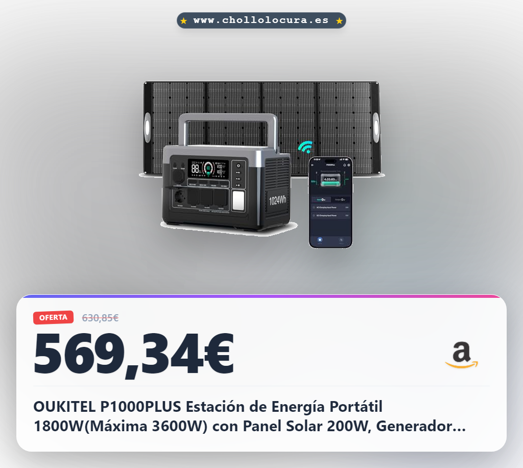OUKITEL P1000PLUS Estación de Energía Portátil 1800W(Máxima 3600W) con Panel Solar 200W, Generador Solar con Batería LiFePO4 1024Wh, Carga Rápida de 1200 W