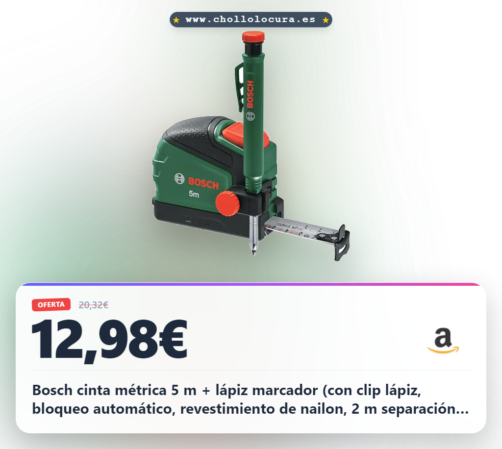 Bosch cinta métrica 5 m + lápiz marcador (con clip lápiz, bloqueo automático, revestimiento de nailon, 2 m separación, regla métrica, alta precisión, clip para cinturón, mango suave) - Edición Amazon