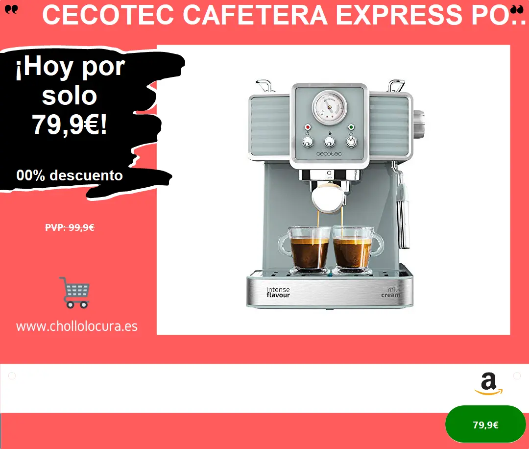 Cecotec Cafetera Express Power Espresso 20 Tradizionale para espressos y cappuccinos, rápido Sistema de Calentamiento por thermoblock, 20 Bares, manómetro PressurePro y vaporizador orientable