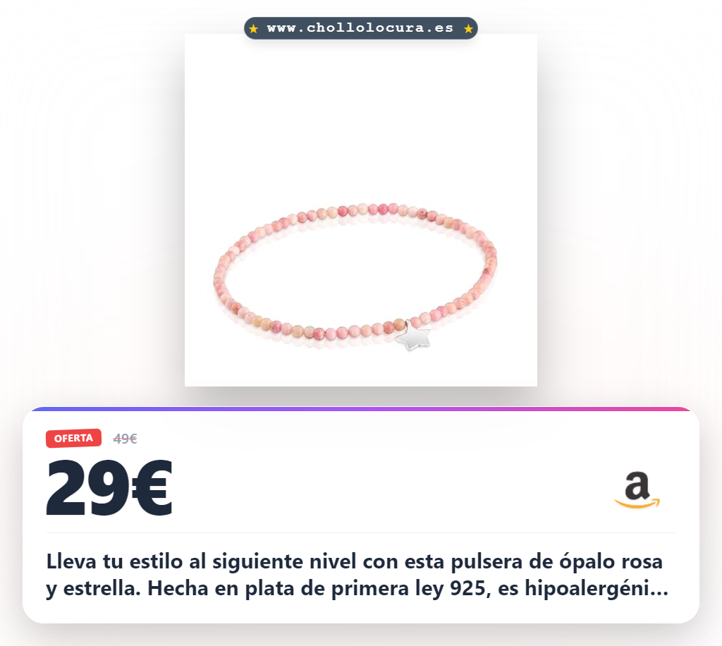 Aprovecha esta pulsera elástica con bolitas de ópalo rosa y estrella de plata de primera ley