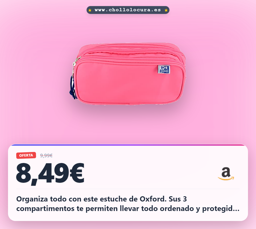Aprovecha este estuche escolar Oxford rosa fucsia de 3 compartimentos. Carro metálico resistente y cremalleras a precio de chollo.