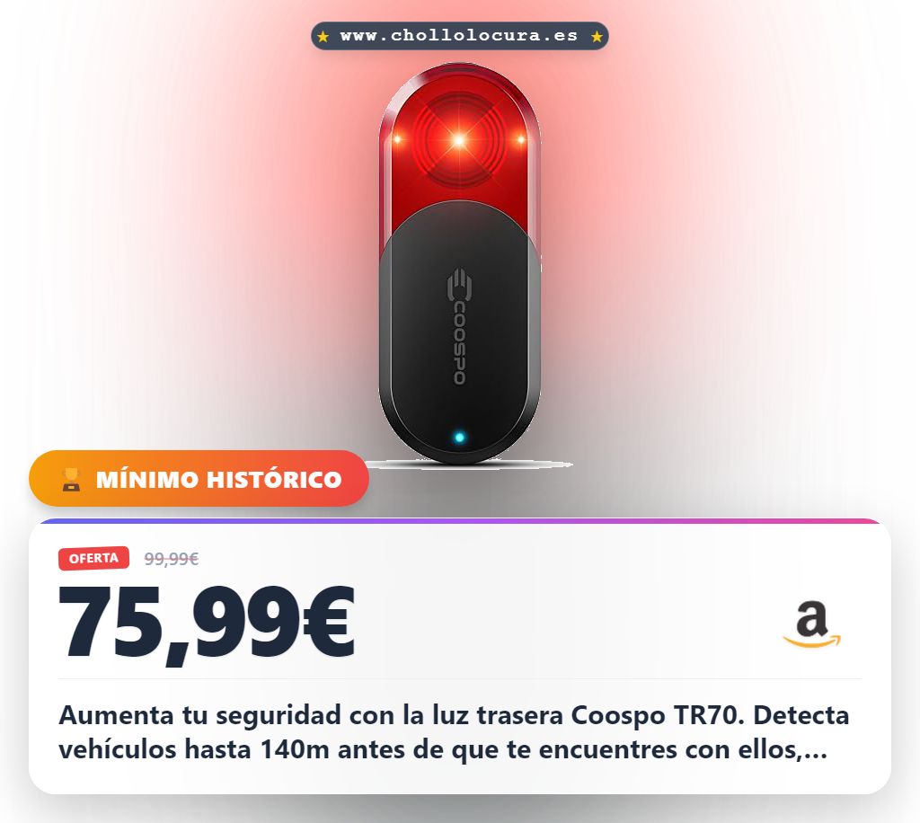 Consigue la luz trasera radar Coospo TR70 con detección 140m, IP67 y batería de 40h en oferta histórica para ciclistas