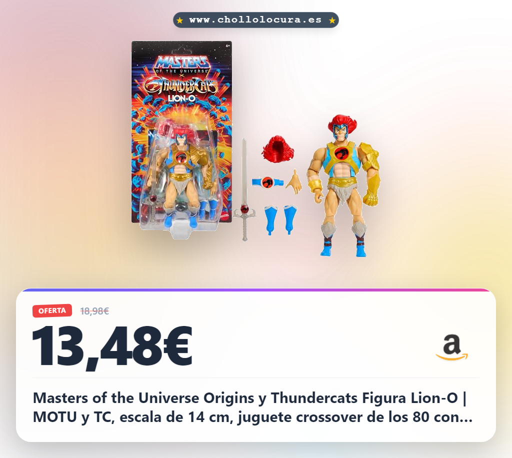 Masters of the Universe Origins y Thundercats Figura Lion-O | MOTU y TC, escala de 14 cm, juguete crossover de los 80 con armadura extraíble, piezas intercambiables y accesorios, JMJ18