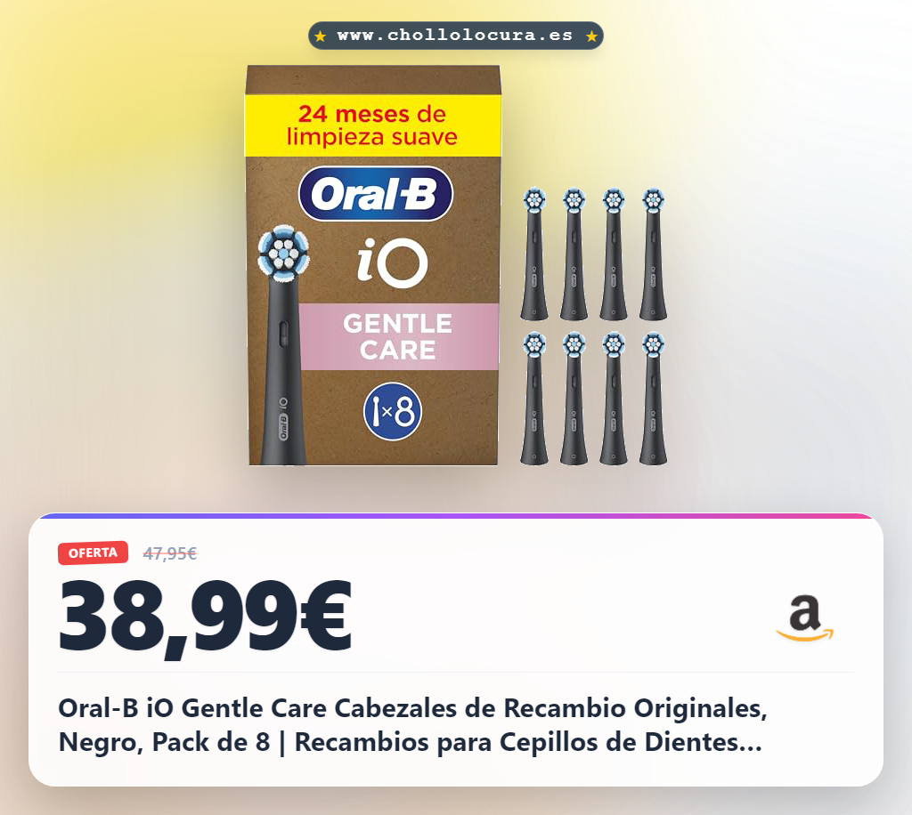 Oral-B iO Gentle Care Cabezales de Recambio Originales, Negro, Pack de 8 | Recambios para Cepillos de Dientes Eléctricos Oral B iO, Cepillado Delicado para Encías Sensibles, Filamentos Suaves