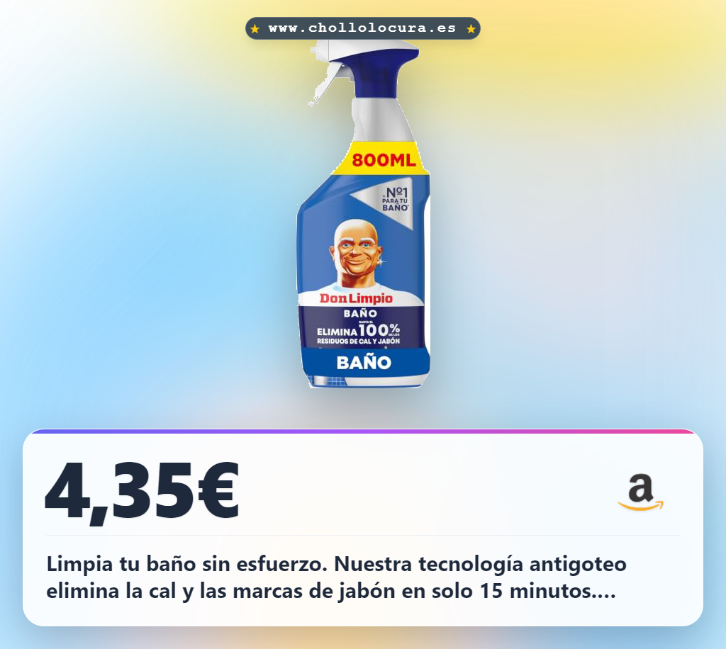 Limpia tu baño sin esfuerzo. Nuestra tecnología antigoteo elimina la cal y las marcas de jabón en solo 15 minutos. Disfruta de un acabado reluciente con una fórmula ecológica y botella reciclable.