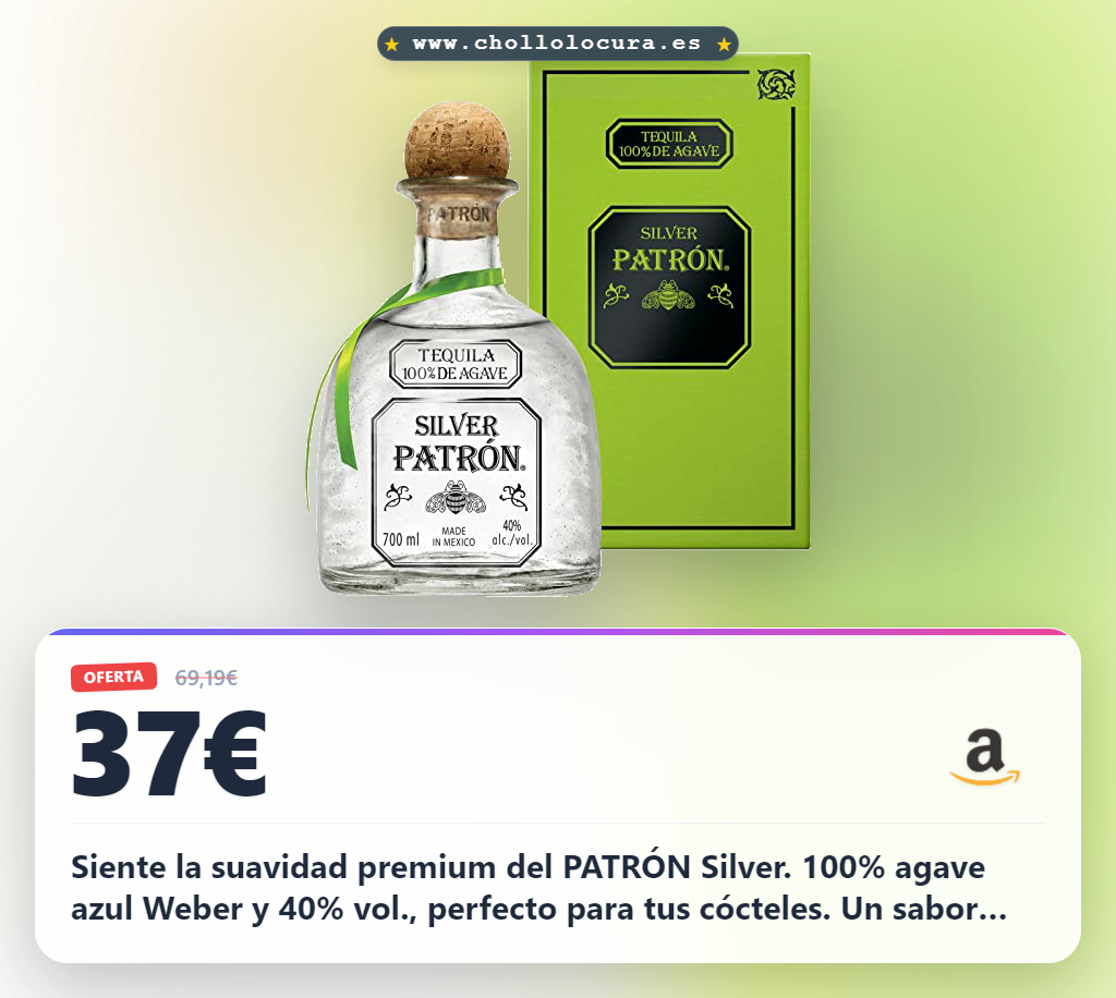 Consigue el PATRÓN Silver Premium Tequila 100% agave azul Weber artesanal al mejor precio de oferta histórica en España.