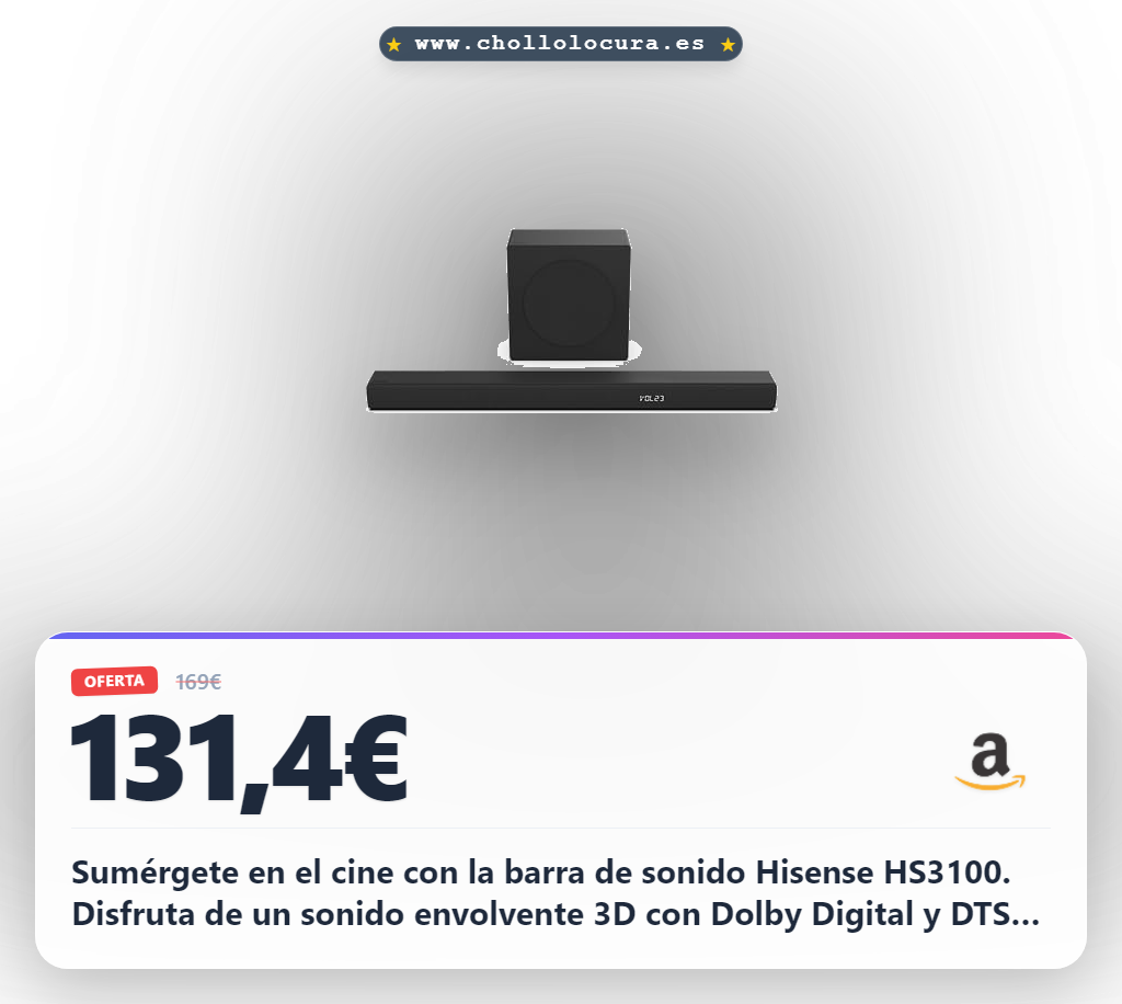 Sumérgete en el cine con la barra de sonido Hisense HS3100. Disfruta de un sonido envolvente 3D con Dolby Digital y DTSX. Con 3.1 canales y potencia de 480W, llenarás tu hogar de audio inmersivo. La conectividad es total: Bluetooth 5.3 y HDMI ARC para una experiencia perfecta.