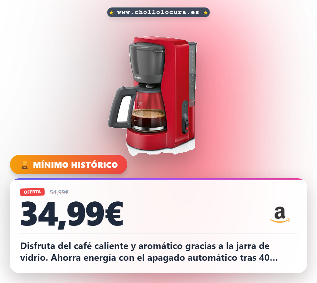 Bosch - Cafetera de Goteo, Jarra de Cristal Ergonómica, Depósito de Agua Extraible, Filtro Extraible, Apagado Automático, Anti Goteo, Rojo, TKA2M114