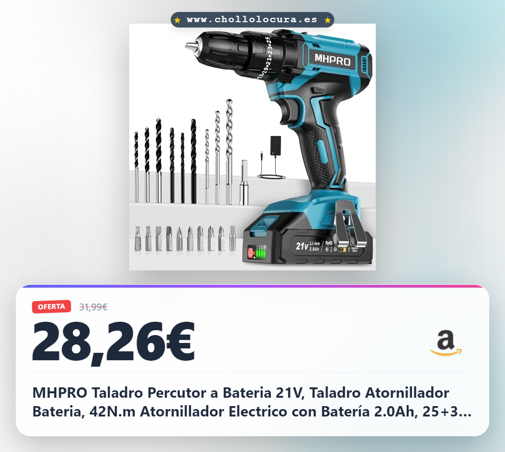 MHPRO Taladro Percutor a Bateria 21V, Taladro Atornillador Bateria, 42N.m Atornillador Electrico con Batería 2.0Ah, 25+3 Ajuste de Par, 24 Accesorios, 2 Velocidad, LED Luz Para Hogar, Bricolaje