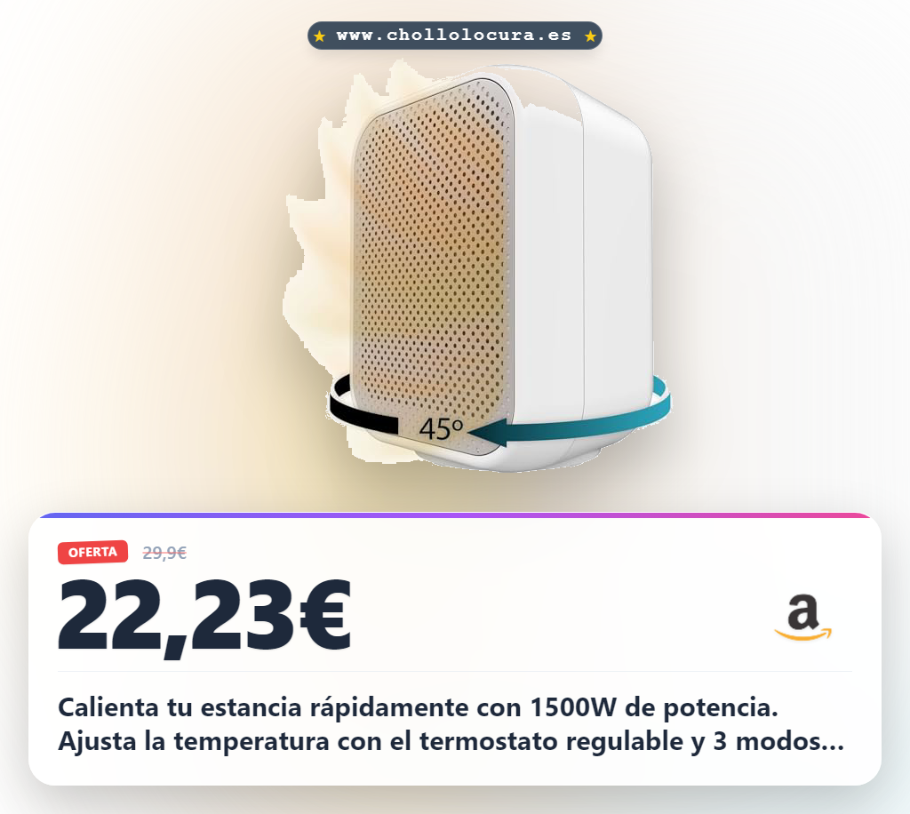 Consigue el Calefactor Cerámico ReadyWarm 1500W con oscilación y termostato regulable a precio de chollo para tu hogar.