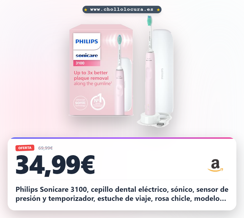 Philips Sonicare 3100, cepillo dental eléctrico, sónico, sensor de presión y temporizador, estuche de viaje, rosa chicle, modelo HX3673/11, Rosa