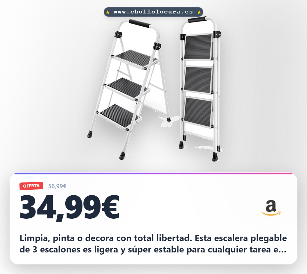Aprovecha esta escalera plegable de 3 escalones antideslizante y ligera. Resistente y perfecta para limpiar o pintar al mejor precio.