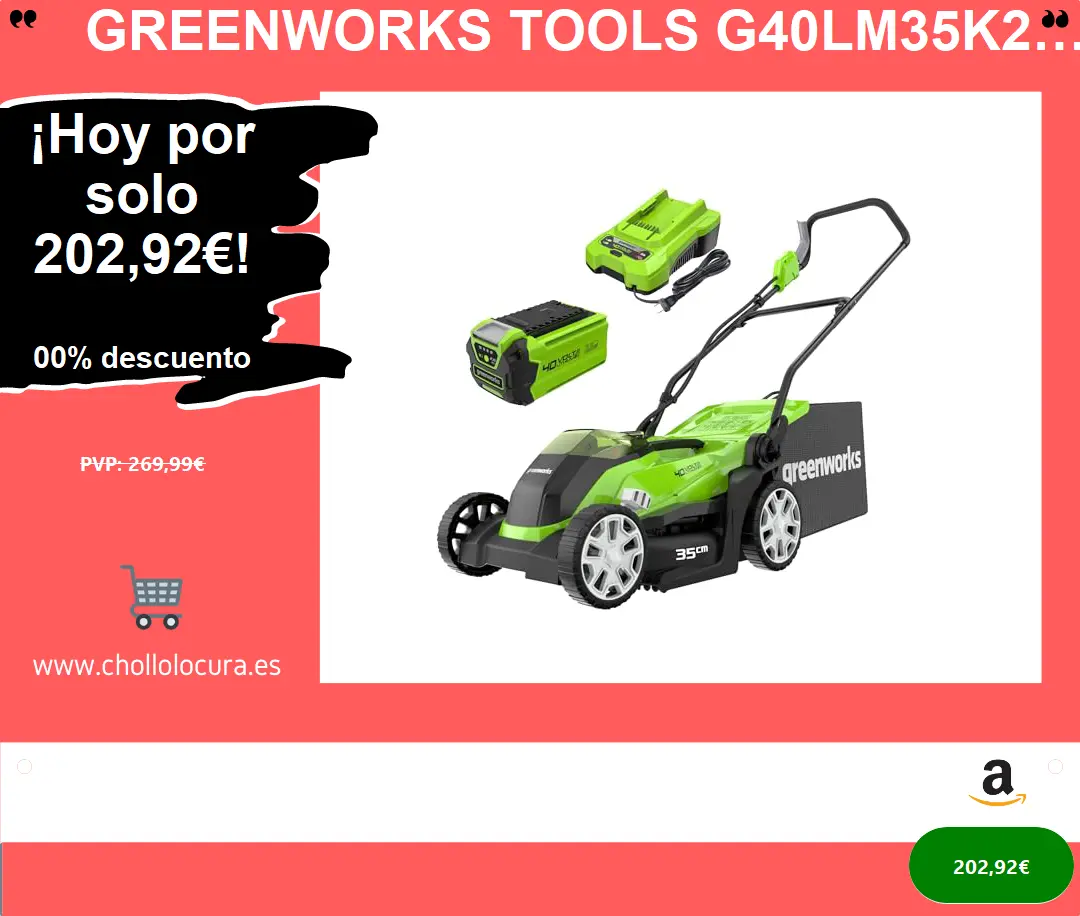 Greenworks Tools G40LM35K2 Cortacésped de Batería para Céspedes de Hasta 200 m², Ancho de Corte de 35 cm, Bolsa de 40L MÁS Batería de 40V y Cargador