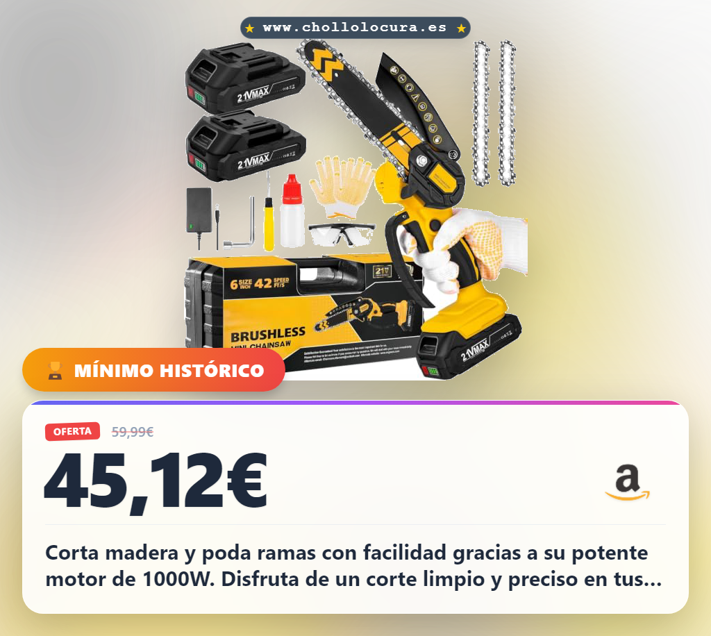 Aprovecha esta mini motosierra eléctrica de 1000W con 2 baterías y accesorios en oferta histórica