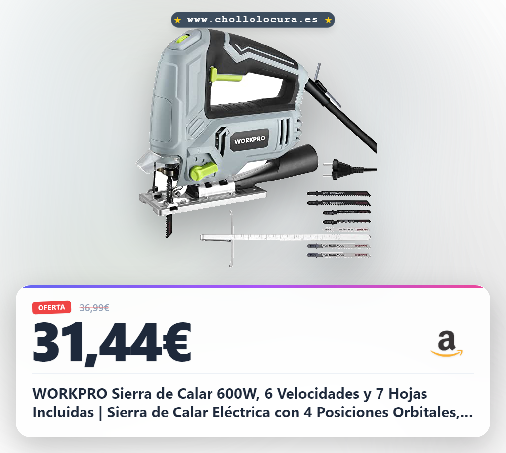WORKPRO Sierra de Calar 600W, 6 Velocidades y 7 Hojas Incluidas | Sierra de Calar Eléctrica con 4 Posiciones Orbitales, Corte ±45° y Función de Soplado de Polvo Integrada