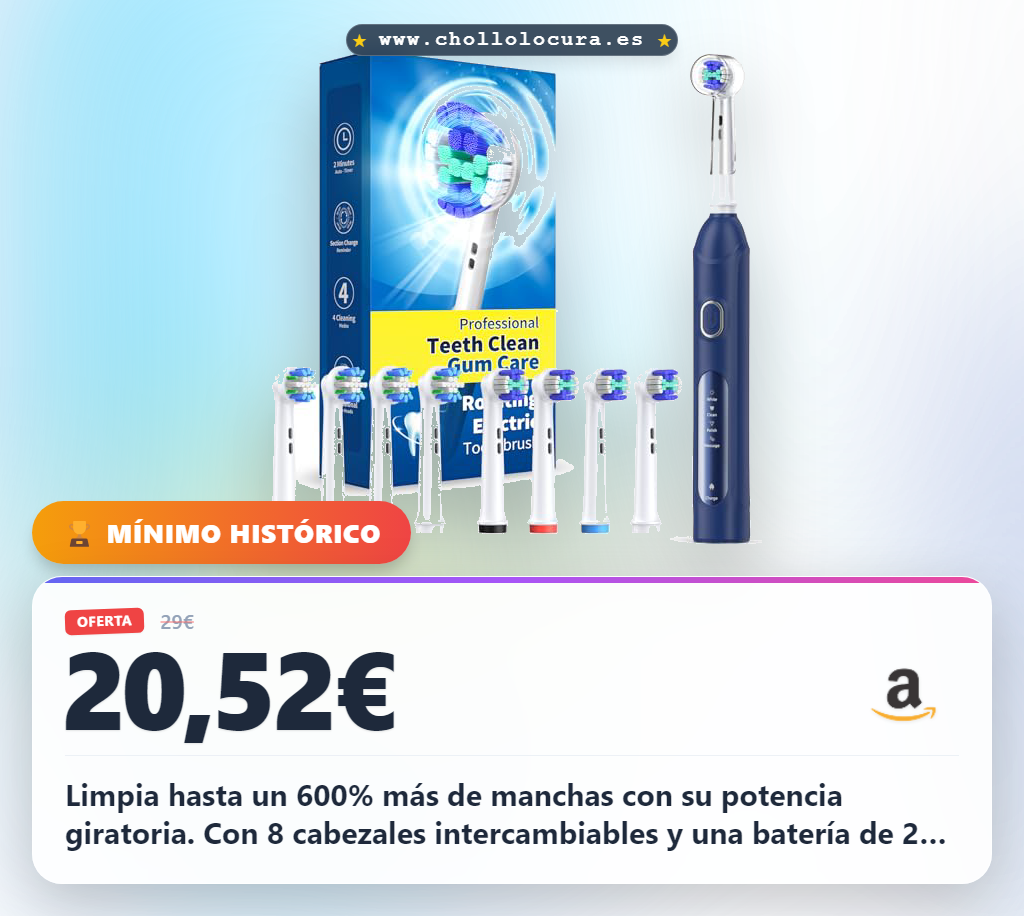 Consigue el cepillo eléctrico giratorio con 8 cabezales y 2 min Smart Time al mejor precio