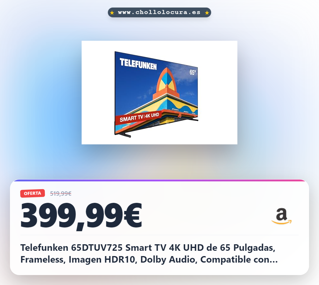 Telefunken 65DTUV725 Smart TV 4K UHD de 65 Pulgadas, Frameless, Imagen HDR10, Dolby Audio, Compatible con Asistente de Voz Alexa y Google
