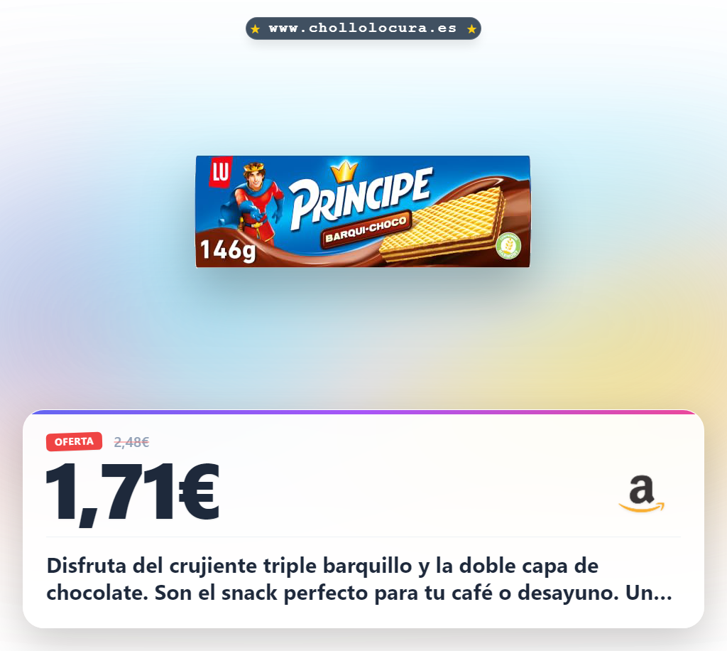 Aprovecha las galletas Príncipe Barqui-Choco de triple barquillo y doble chocolate. Snack crujiente para desayuno y meriendas.