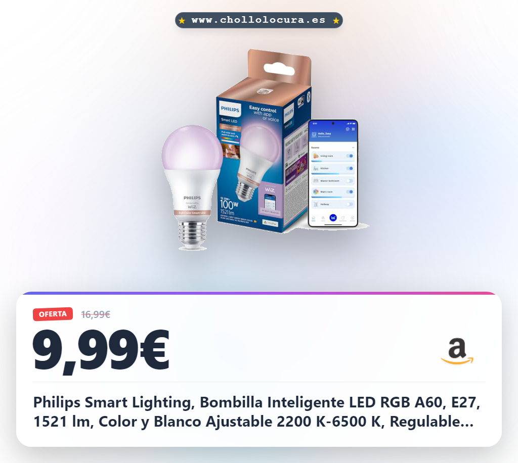Philips Smart Lighting, Bombilla Inteligente LED RGB A60, E27, 1521 lm, Color y Blanco Ajustable 2200 K-6500 K, Regulable Baja, Connected by WiZ, Alexa, Google Home, Apple Home
