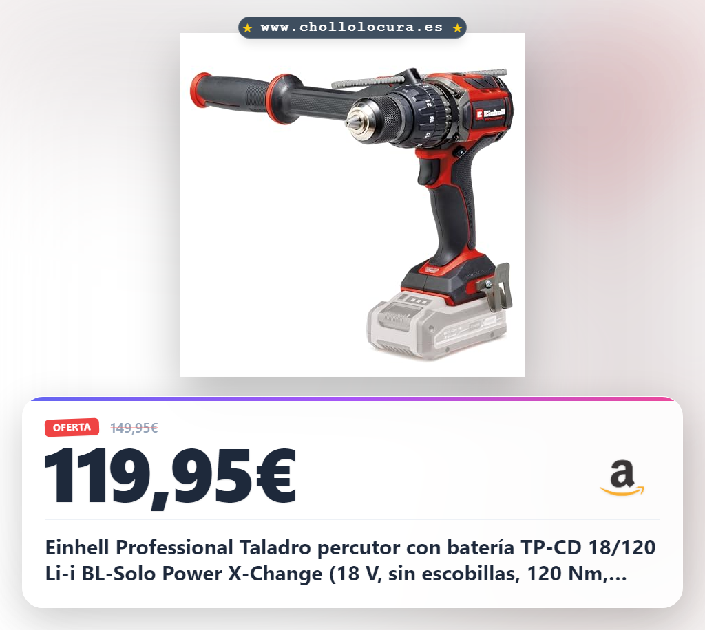 Einhell Professional Taladro percutor con batería TP-CD 18/120 Li-i BL-Solo Power X-Change (18 V, sin escobillas, 120 Nm, func. de perfor. por percusión, portabrocas de 13 mm, 2 velocid., sin batería)