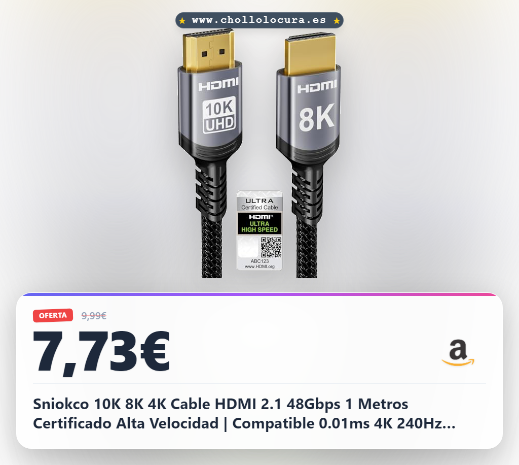 Sniokco 10K 8K 4K Cable HDMI 2.1 48Gbps 1 Metros Certificado Alta Velocidad | Compatible 0.01ms 4K 240Hz 165Hz 120Hz 8K 60Hz eARC Netflix HDCP 2.3 2.2 HDR10+ TV Computadora Monitor Proyector Roku Sky-Q