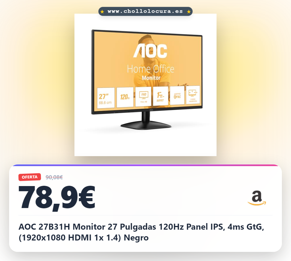 AOC 27B31H Monitor 27 Pulgadas 120Hz Panel IPS, 4ms GtG, (1920x1080 HDMI 1x 1.4) Negro