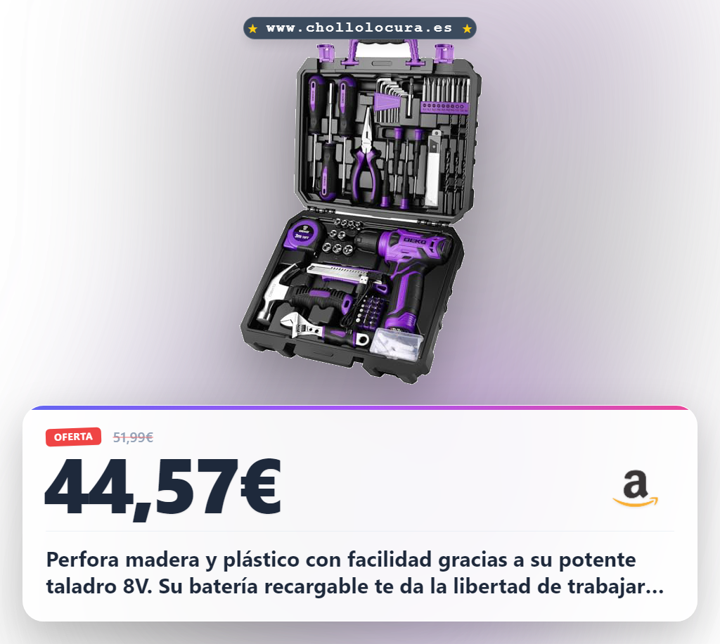 Consigue la caja herramientas DEKO taladro 8V profesional para bricolaje con LED y batería recargable.