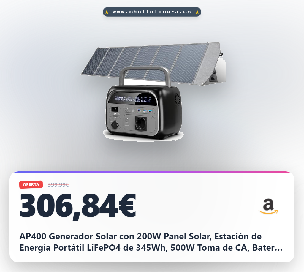 AP400 Generador Solar con 200W Panel Solar, Estación de Energía Portátil LiFePO4 de 345Wh, 500W Toma de CA, Batería LiFePO4 de Carga Rápida para Cortes, Camping, Uso Doméstico y Emergencias