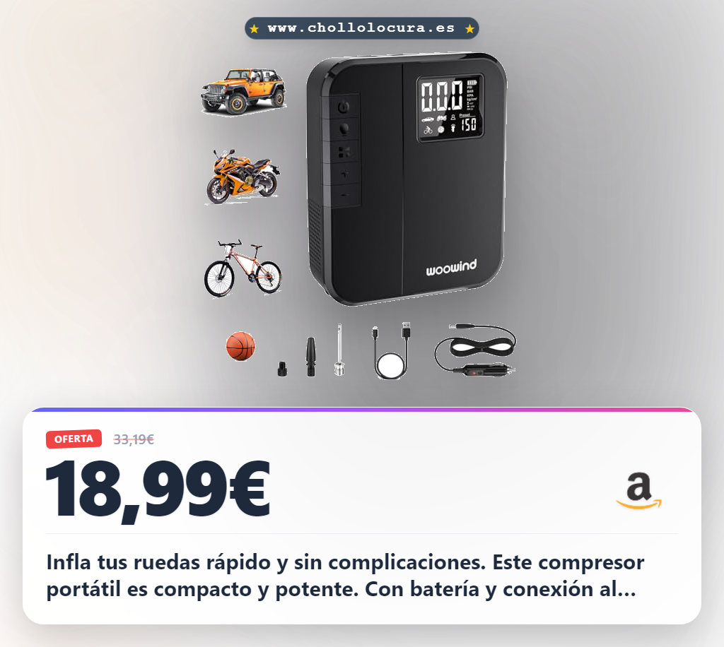 Infla tus ruedas rápido y sin complicaciones. Este compresor portátil es compacto y potente. Con batería y conexión al coche, tendrás aire listo en minutos, sin importar dónde estés.