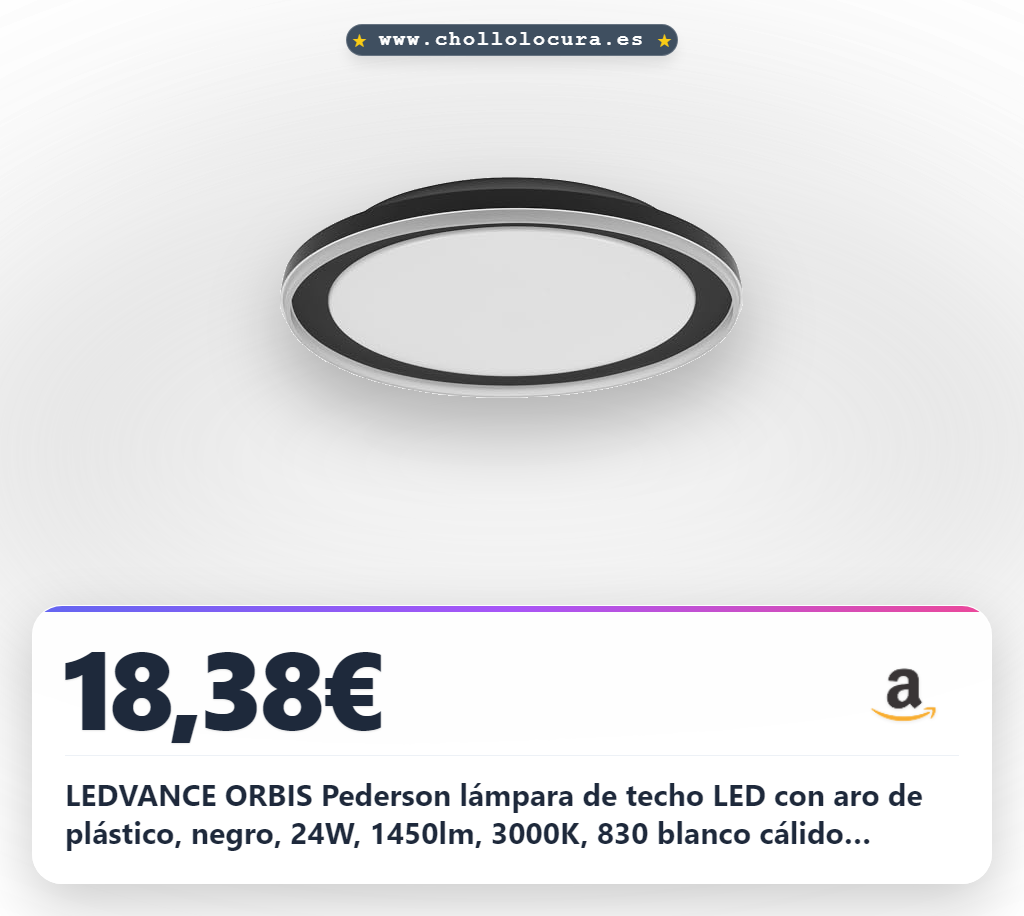 LEDVANCE ORBIS Pederson lámpara de techo LED con aro de plástico, negro, 24W, 1450lm, 3000K, 830 blanco cálido amigable, 450mm de diámetro, protección IP20, tornillos de montaje y tacos incluidos
