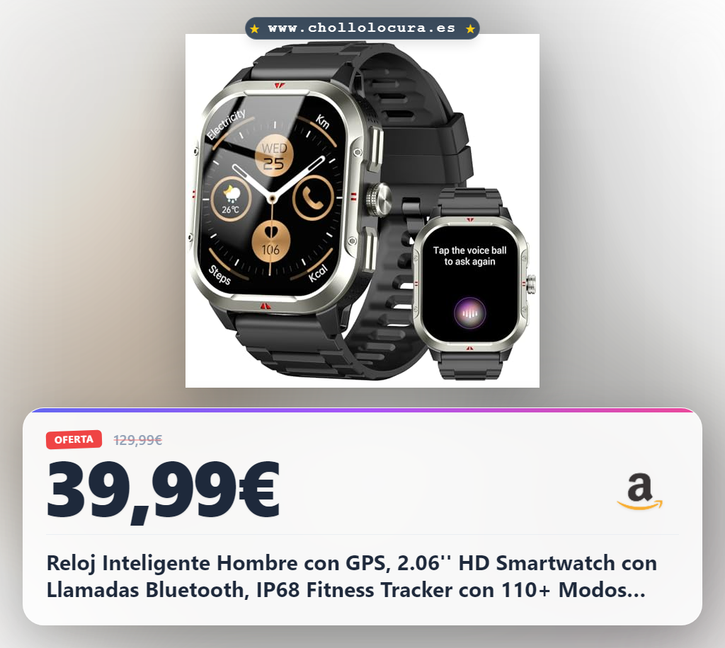 Reloj Inteligente Hombre con GPS, 2.06'' HD Smartwatch con Llamadas Bluetooth, IP68 Fitness Tracker con 110+ Modos Deportivos, Monitor de Sueño/Podómetro/Pulsómetro/SpO2 Smart Watch para Android iOS