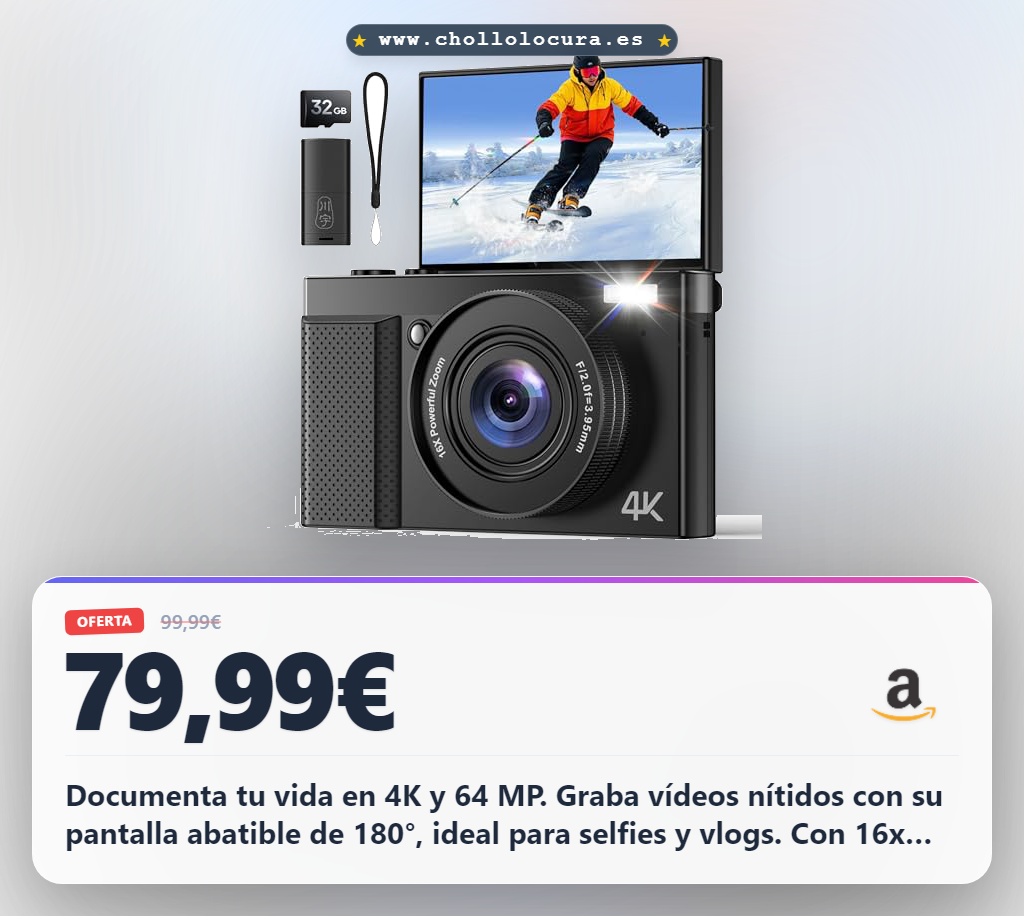 Consigue cámara digital 4K 64MP para niños con 16x zoom y pantalla abatible a precio de chollo al mejor precio del año al instante