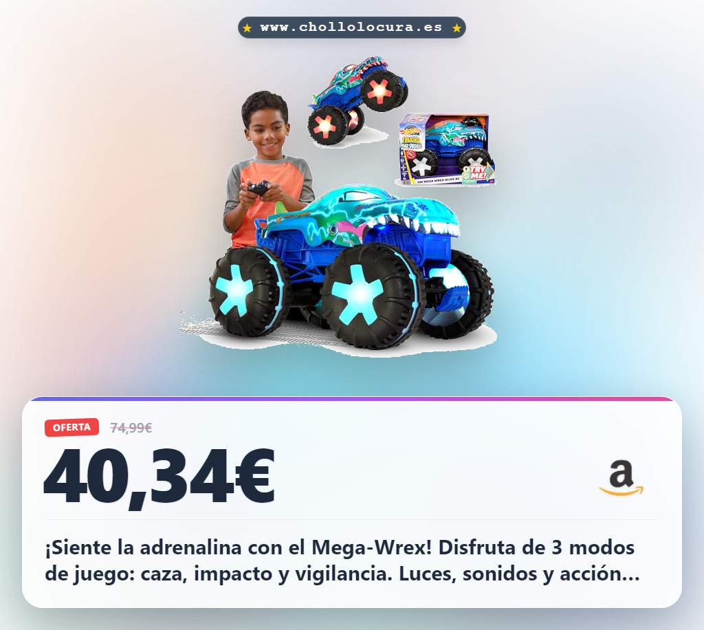 ¡Siente la adrenalina con el Mega-Wrex! Disfruta de 3 modos de juego: caza, impacto y vigilancia. Luces, sonidos y acción real en una escala increíble. El control remoto perfecto para que tus hijos dominen la pista.