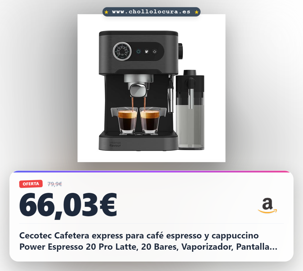 Cecotec Cafetera express para café espresso y cappuccino Power Espresso 20 Pro Latte, 20 Bares, Vaporizador, Pantalla con botones, Depósito agua 1,5L, Tanque leche 550ml