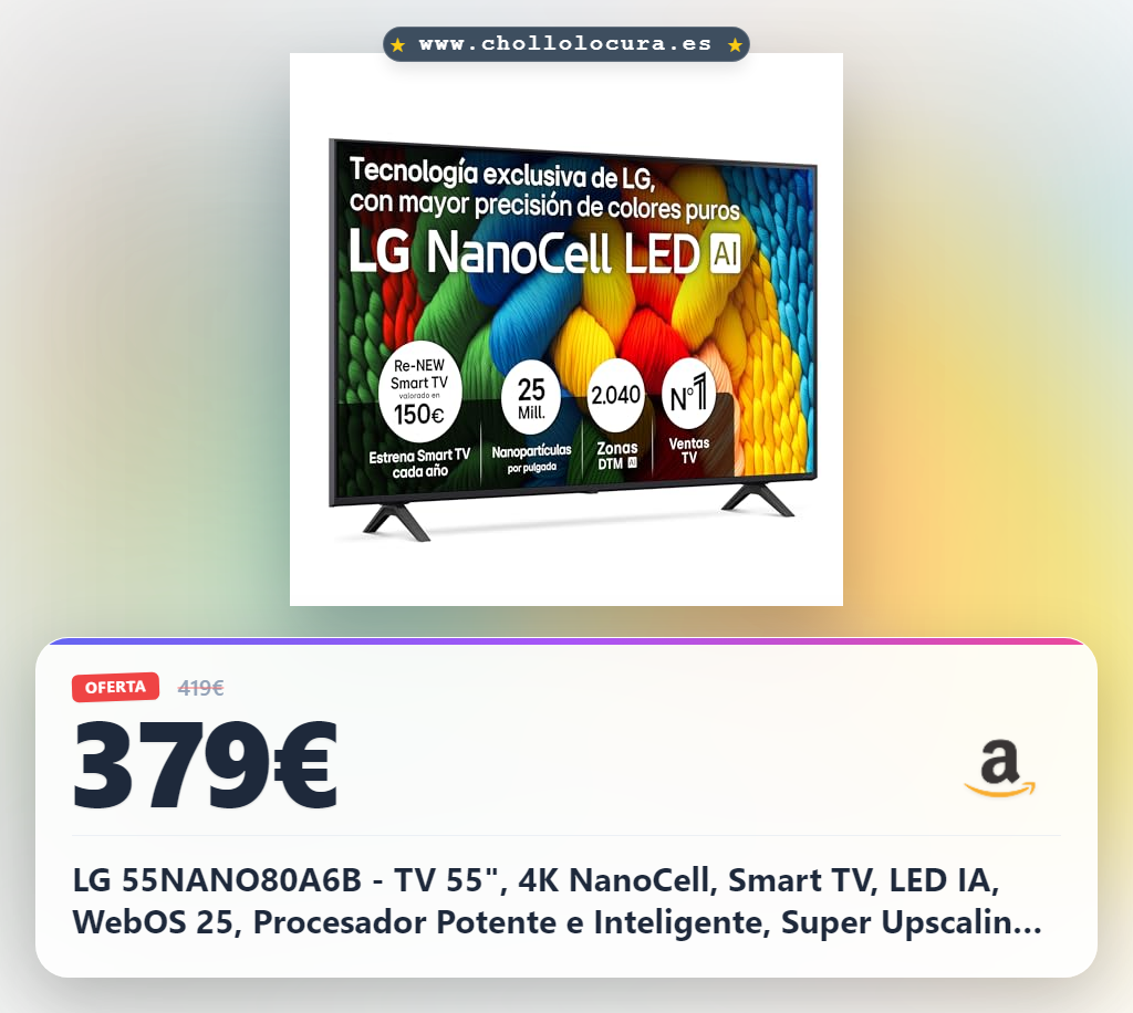 LG 55NANO80A6B - TV 55", 4K NanoCell, Smart TV, LED IA, WebOS 25, Procesador Potente e Inteligente, Super Upscaling, Dolby Digital Plus, Alexa/Google Assistant, Negro