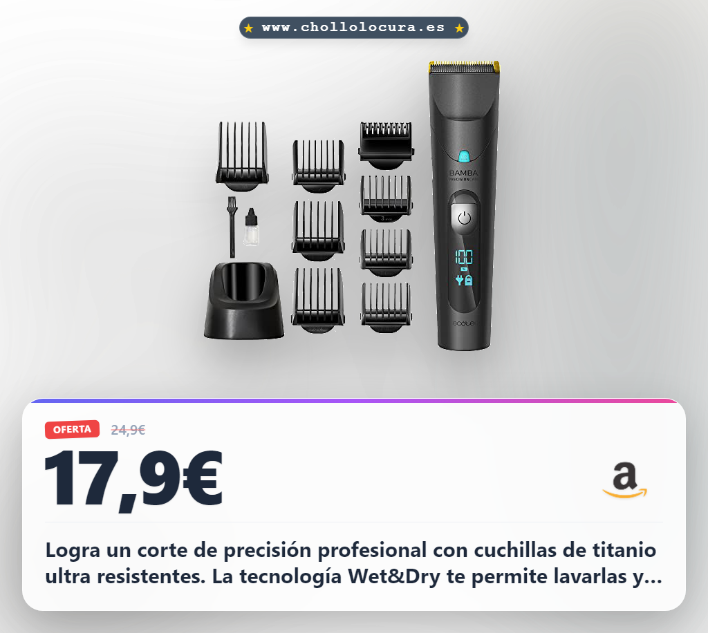 Consigue el cortapelos Cecotec Bamba PrecisionCare Wet&Dry con cuchillas de titanio IPX6 y 8 peines a precio de oferta histórica en España.