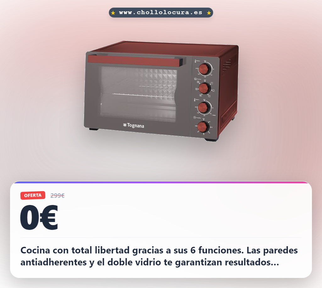Obtén el horno electrico Tognana Iridea de 45 L con funciones antiadherentes y accesorios en oferta histórica