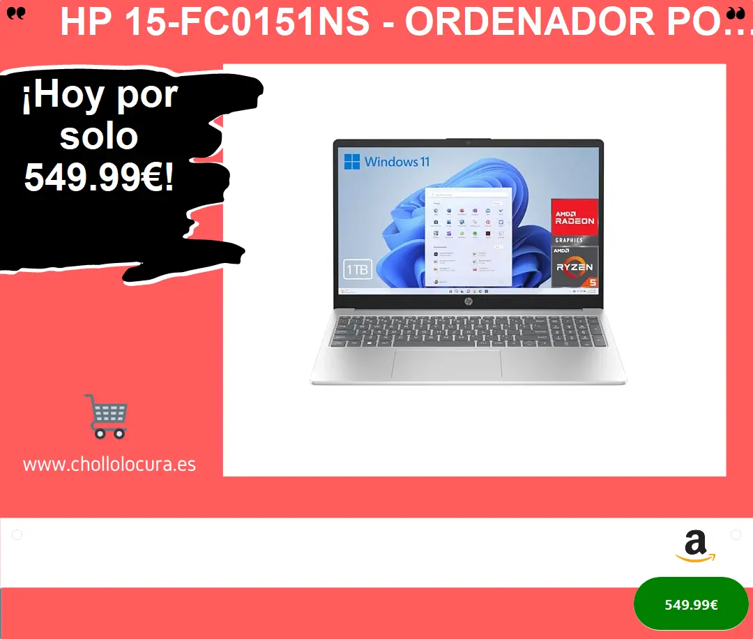 HP 15-fc0151ns - Ordenador portátil de 15.6" FHD (AMD Ryzen 5-7520U, 16 GB RAM, 1TB SSD, AMD Radeon Graphics, Windows 11) Plata y Azul - Teclado QWERTY Español