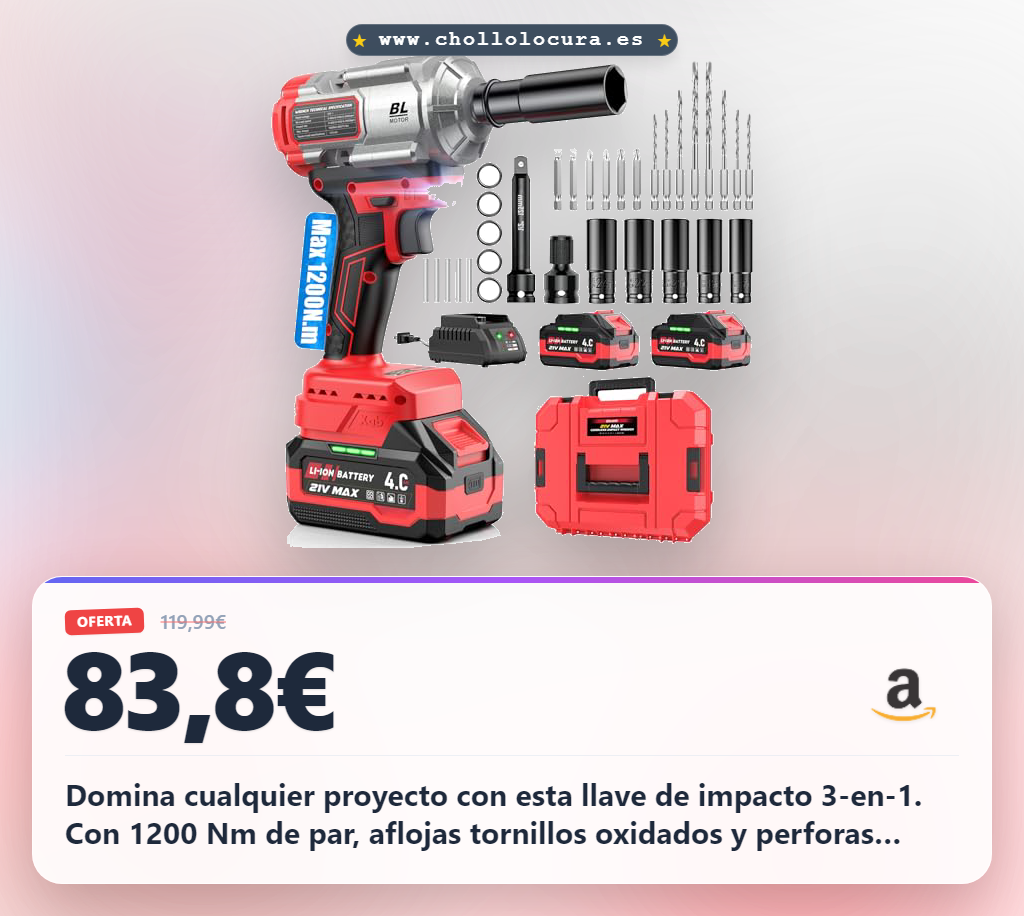 Consigue la llave de impacto 3-en-1 XIAZIR de 1200 N·m con motor brushless y 2 baterías al mejor precio del año al máximo rendimiento