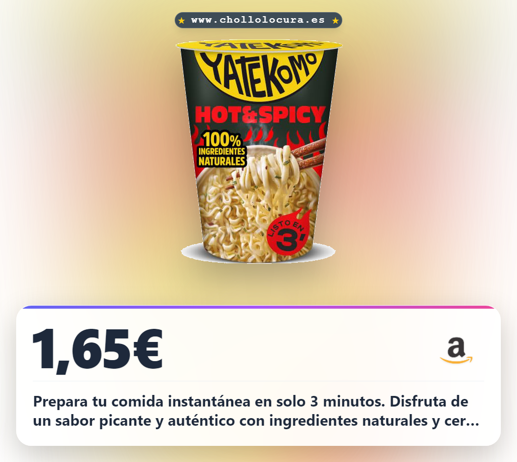 Aprovecha los fideos Yatekomo Hot & Spicy. Sabor picante a pollo, listos en 3 minutos y con ingredientes naturales.