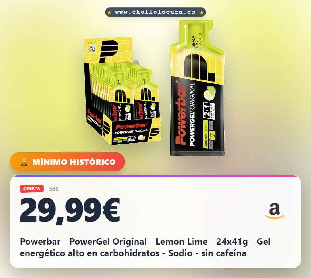 Ahorra PowerGel Original Lemon Lime 24x41g: Gel energético alto en carbohidratos para running y ciclismo en oferta histórica.