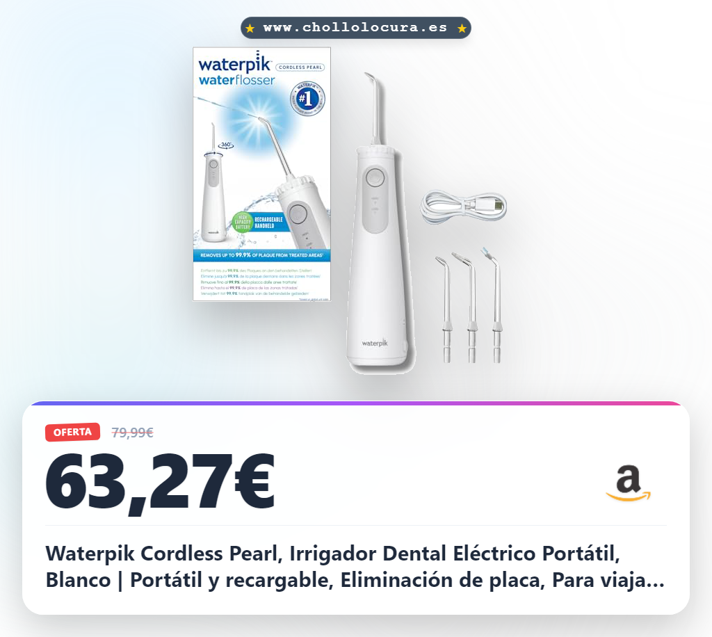 Waterpik Cordless Pearl, Irrigador Dental Eléctrico Portátil, Blanco | Portátil y recargable, Eliminación de placa, Para viajar y baños pequeños