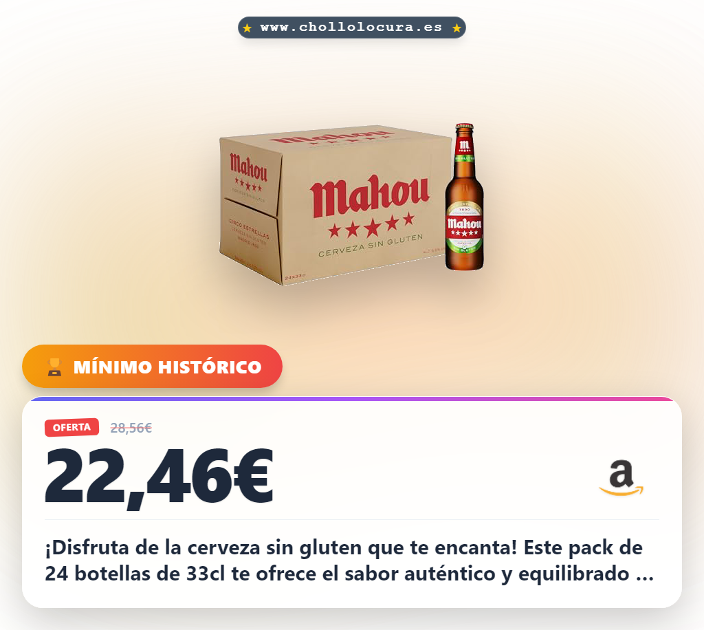 Adquiere Mahou Cinco Estrellas sin gluten pack de 24 botellas con sabor afrutado al mejor precio del año en oferta histórica